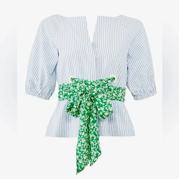 TANYA TAYLOR Blue Striped Blouse w Green Sash Women’s Top - Picture 4 of 14